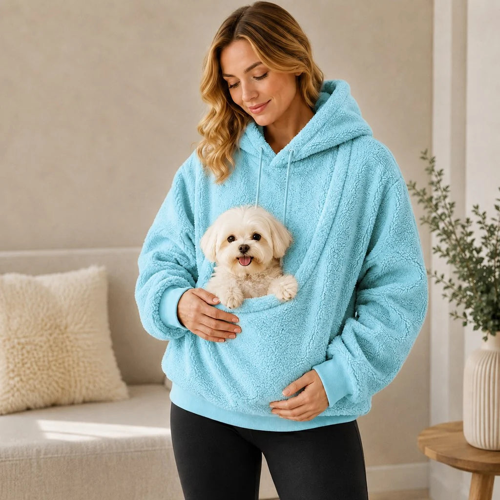 Cozy pet carrier hoodie featuring an integrated pouch and soft Sherpa fleece, perfect for small dogs and cats. 9