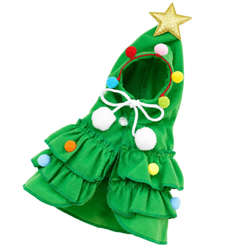Adorable Christmas tree cape costume for dogs, featuring soft cotton material and festive pom-poms, perfect for holiday celebrations. 0