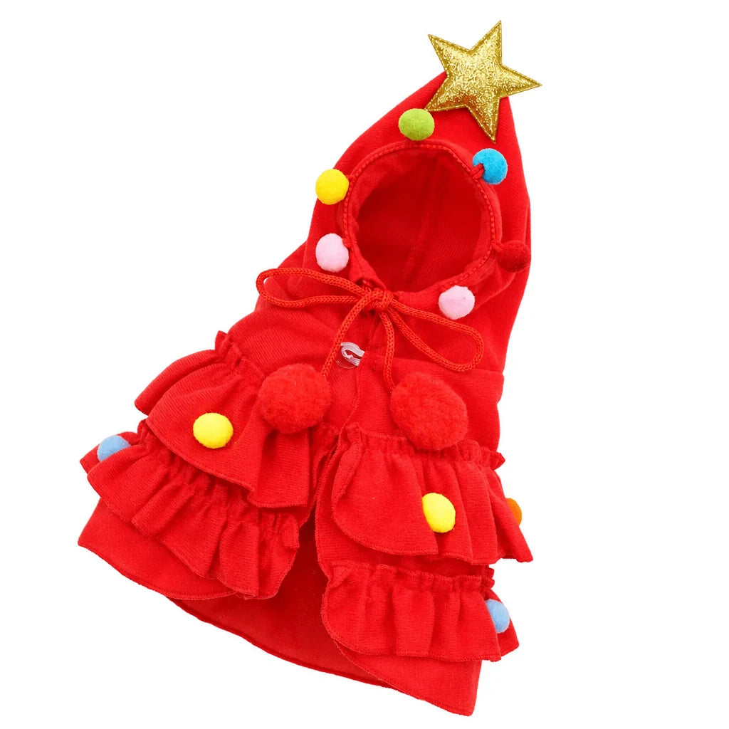 Adorable Christmas tree cape costume for dogs, featuring soft cotton material and festive pom-poms, perfect for holiday celebrations. 3