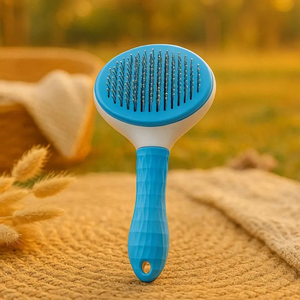 Pet grooming brush with steam function and massage feature, designed as a 3-in-1 deshedding tool for dogs and cats, promoting a healthy 0