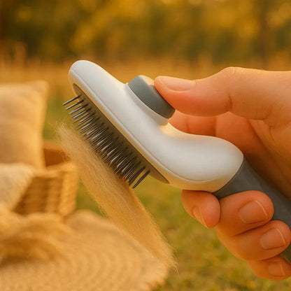 Pet grooming brush with steam function and massage feature, designed as a 3-in-1 deshedding tool for dogs and cats, promoting a healthy 2