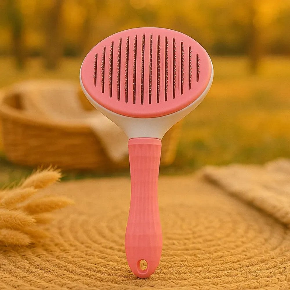 Pet grooming brush with steam function and massage feature, designed as a 3-in-1 deshedding tool for dogs and cats, promoting a healthy 3