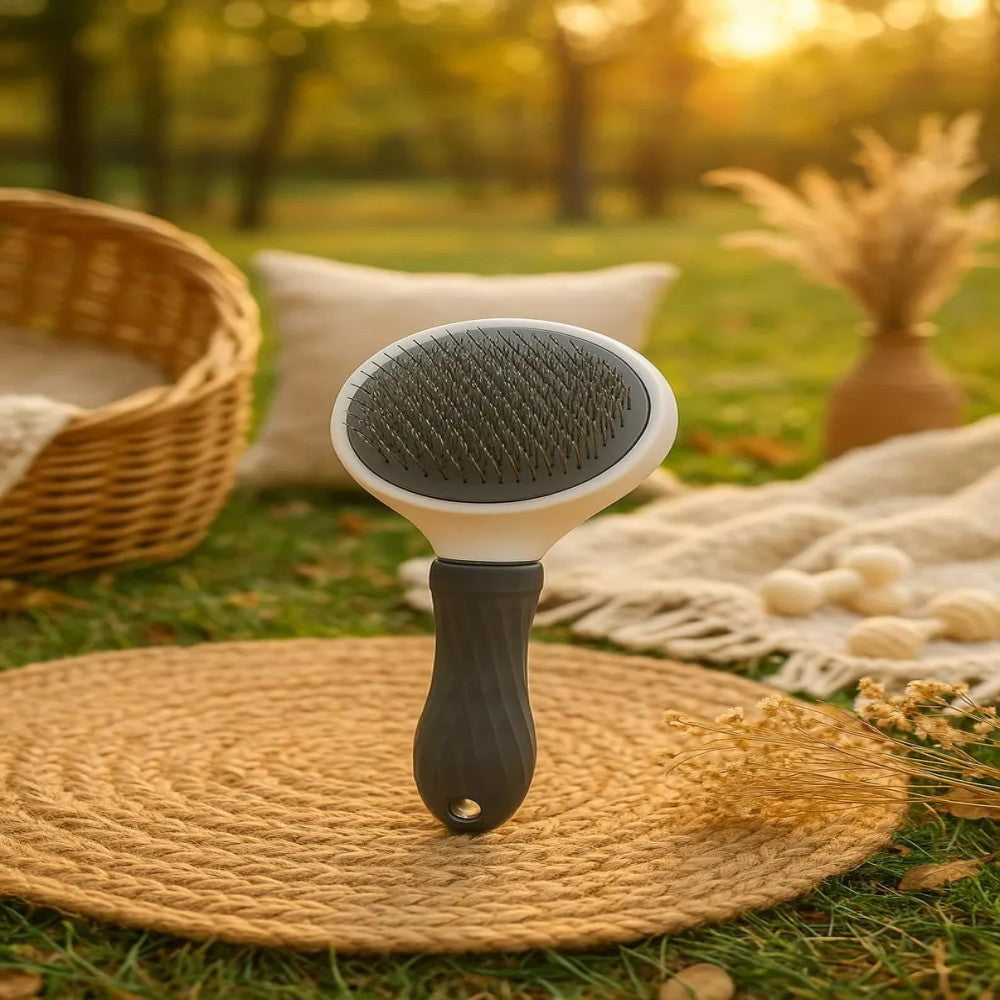 Pet grooming brush with steam function and massage feature, designed as a 3-in-1 deshedding tool for dogs and cats, promoting a healthy 4