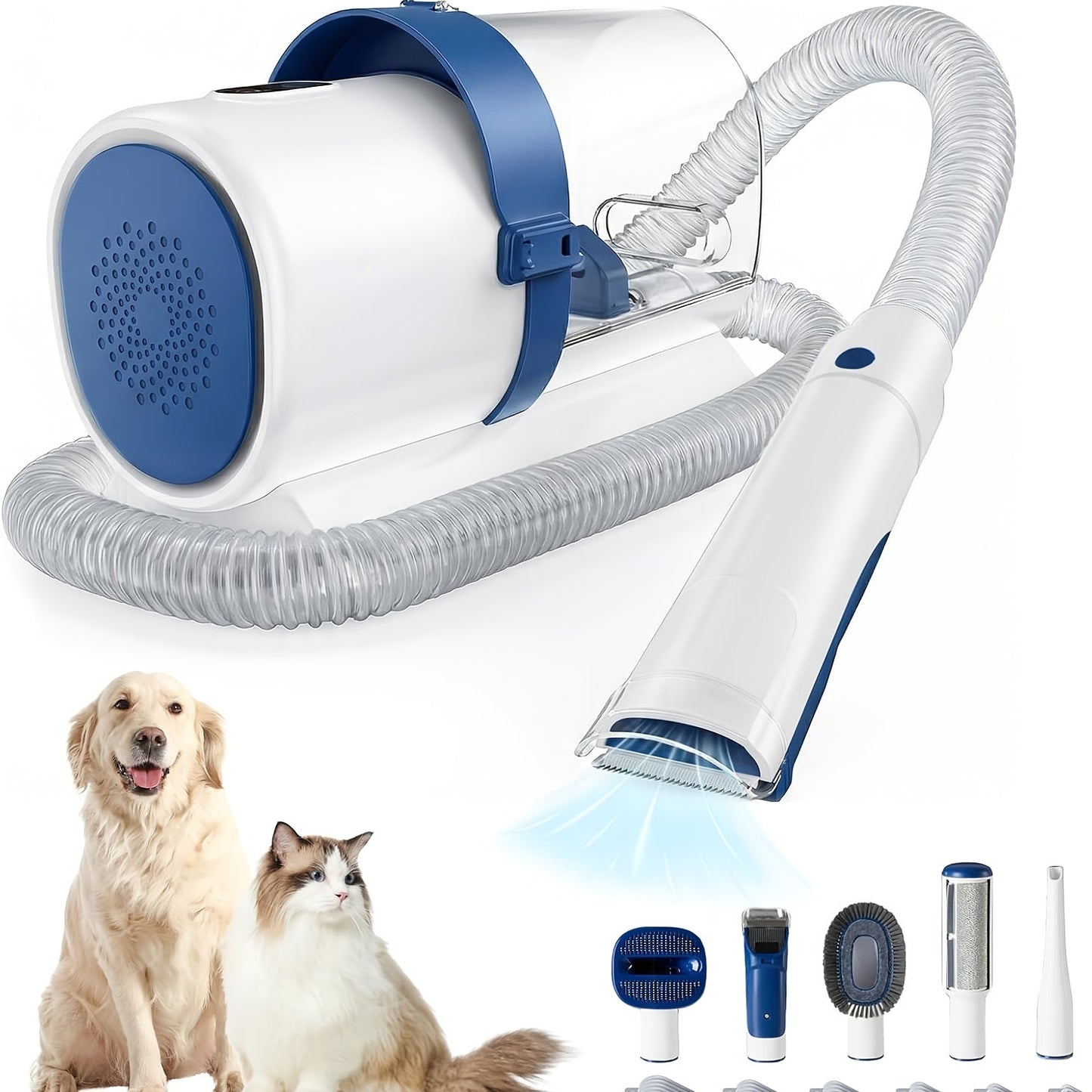 5-in-1 pet grooming kit featuring a vacuum and clippers, designed for easy and efficient grooming of dogs and cats, showcasing a sleek design and 0