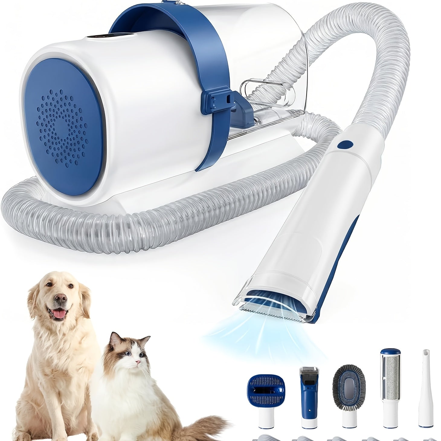 5-in-1 pet grooming kit featuring a vacuum and clippers, designed for easy and efficient grooming of dogs and cats, showcasing a sleek design and 0