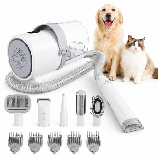 5-in-1 pet grooming kit featuring a vacuum and clippers, designed for easy and efficient grooming of dogs and cats, showcasing a sleek design and 1