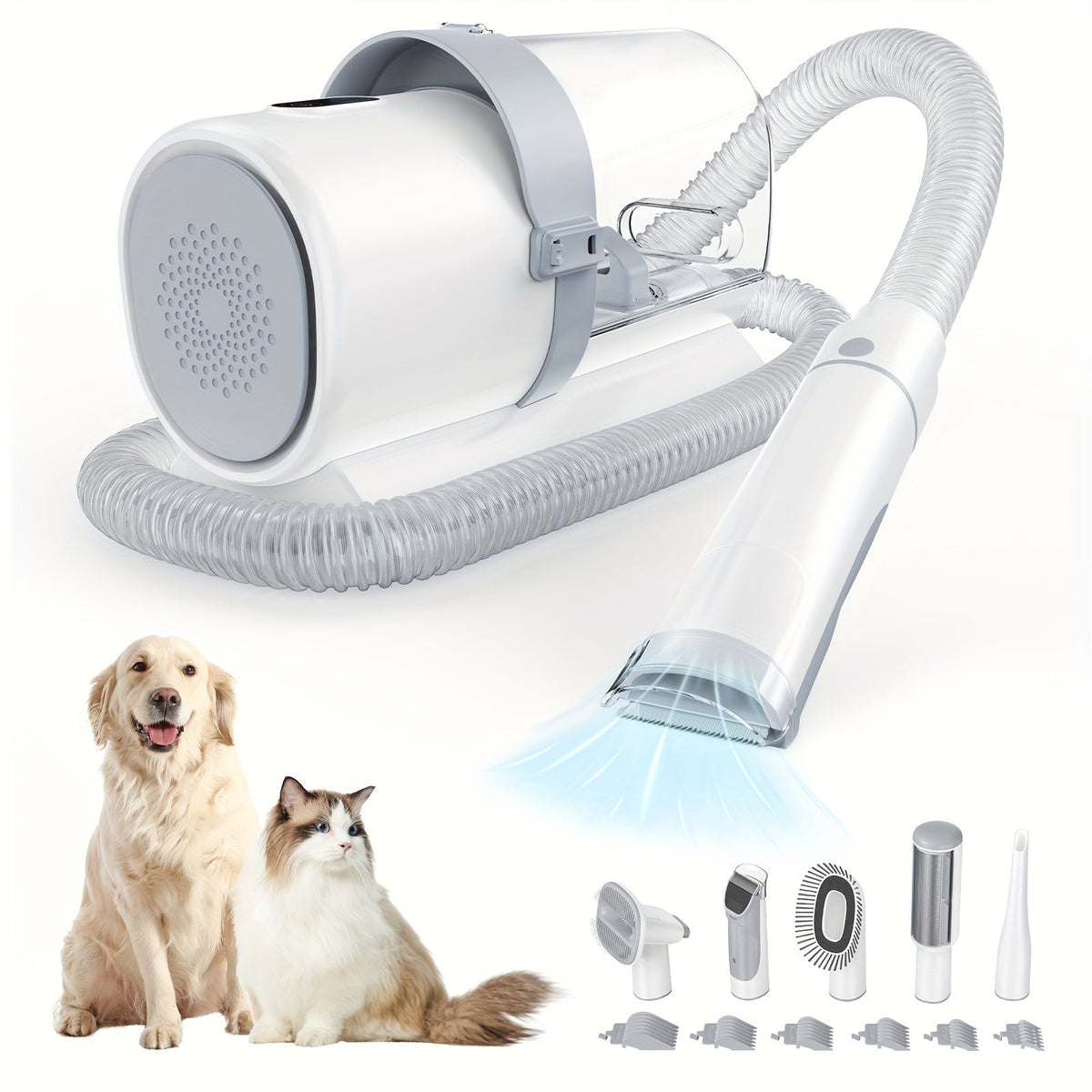5-in-1 pet grooming kit featuring a vacuum and clippers, designed for easy and efficient grooming of dogs and cats, showcasing a sleek design and 9