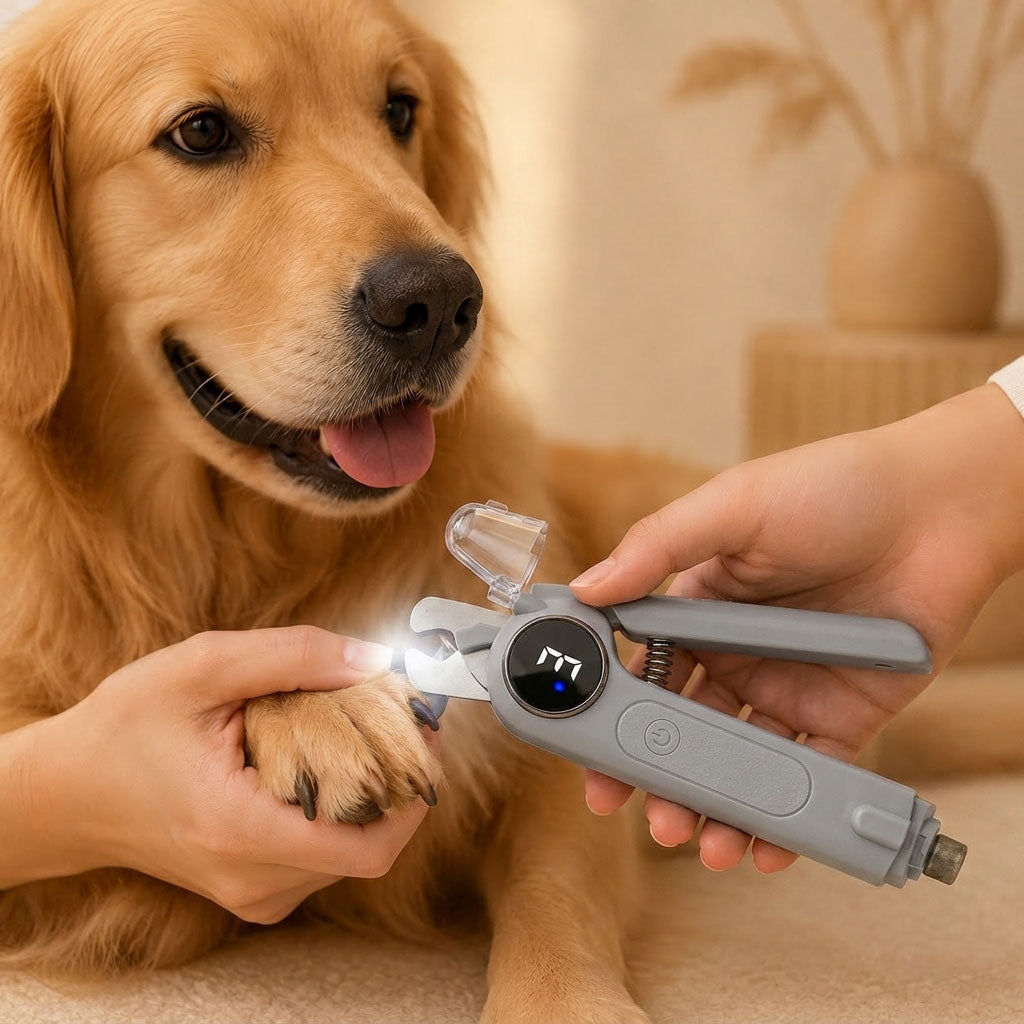 Pet Nail Clipper and Grinder with LED Light, a 2-in-1 electric tool for dogs and cats featuring adjustable grinding modes for safe and efficient 10