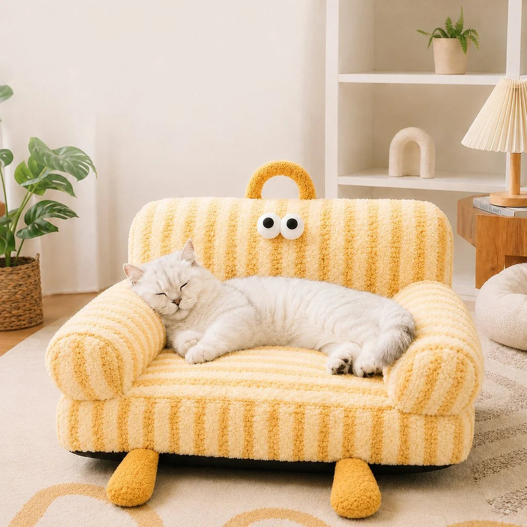 Cozy pet sofa bed for cats and small dogs featuring plush fabric and raised armrests, perfect for indoor lounging. 1