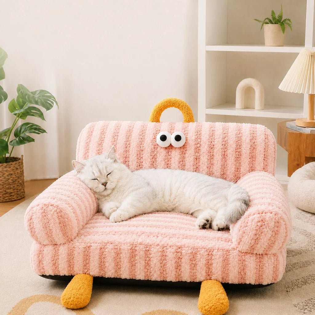 Cozy pet sofa bed for cats and small dogs featuring plush fabric and raised armrests, perfect for indoor lounging. 9