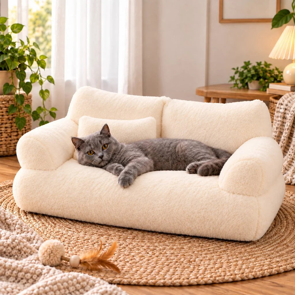 Plush pet sofa bed with removable cover and supportive bolsters, designed for small dogs and cats, providing comfort and style in any home setting. 0