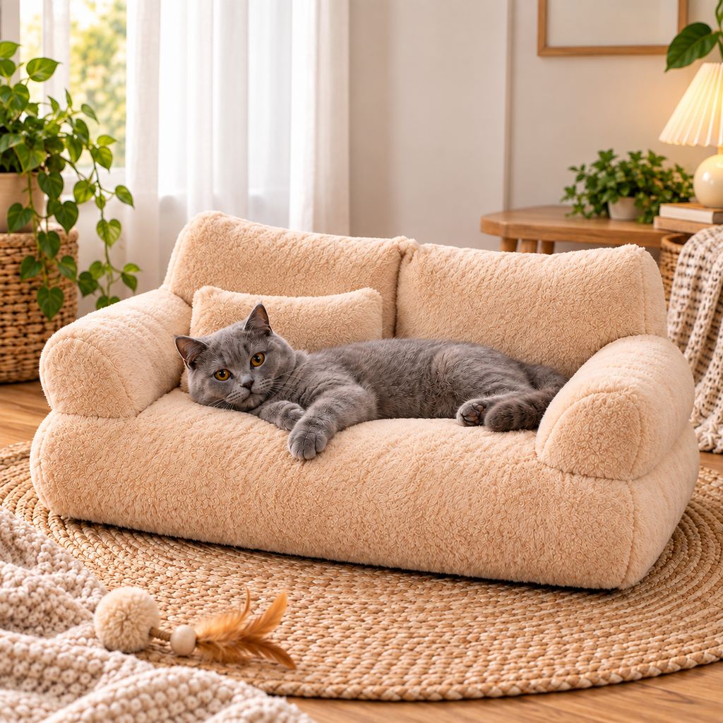 Plush pet sofa bed with removable cover and supportive bolsters, designed for small dogs and cats, providing comfort and style in any home setting. 1