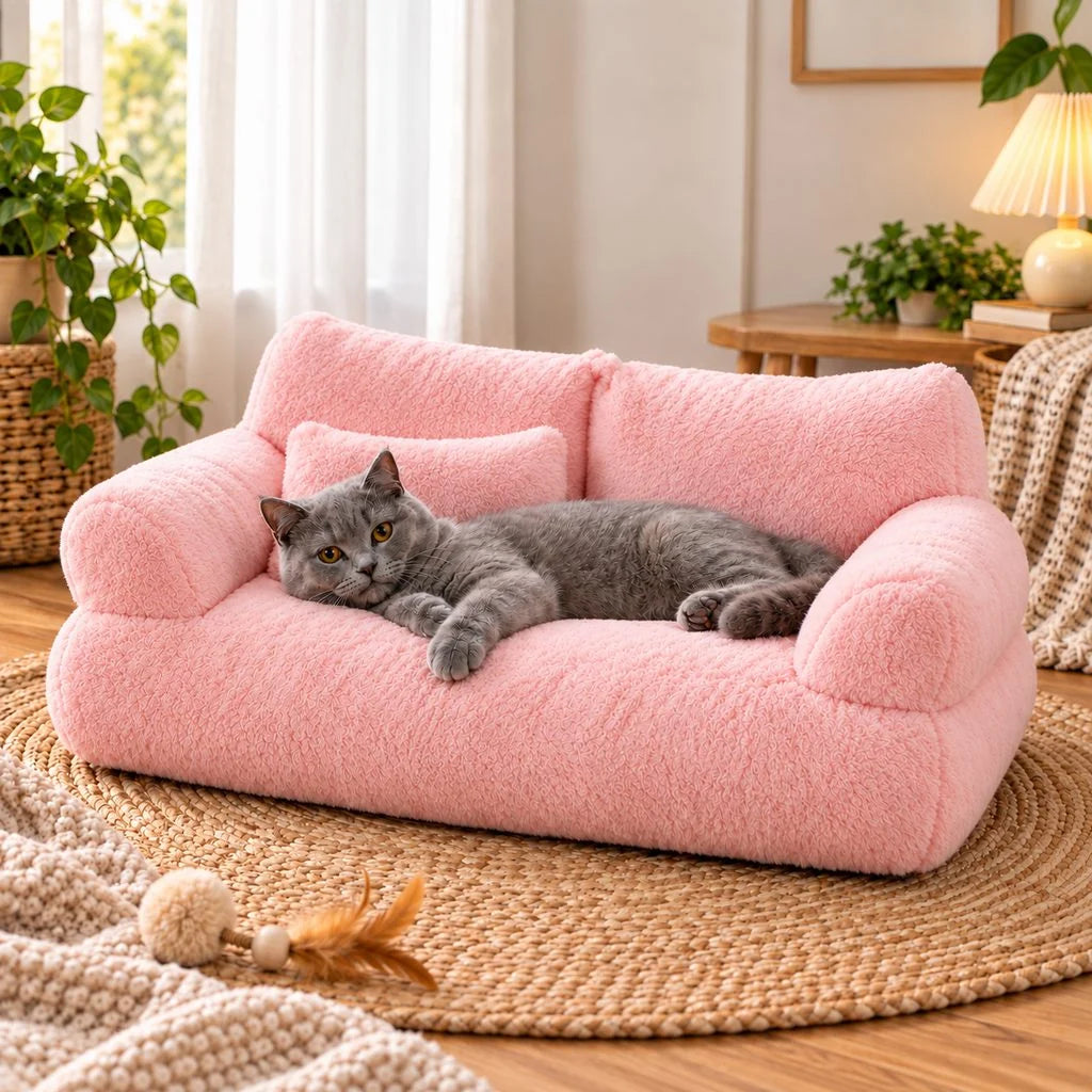 Plush pet sofa bed with removable cover and supportive bolsters, designed for small dogs and cats, providing comfort and style in any home setting. 10