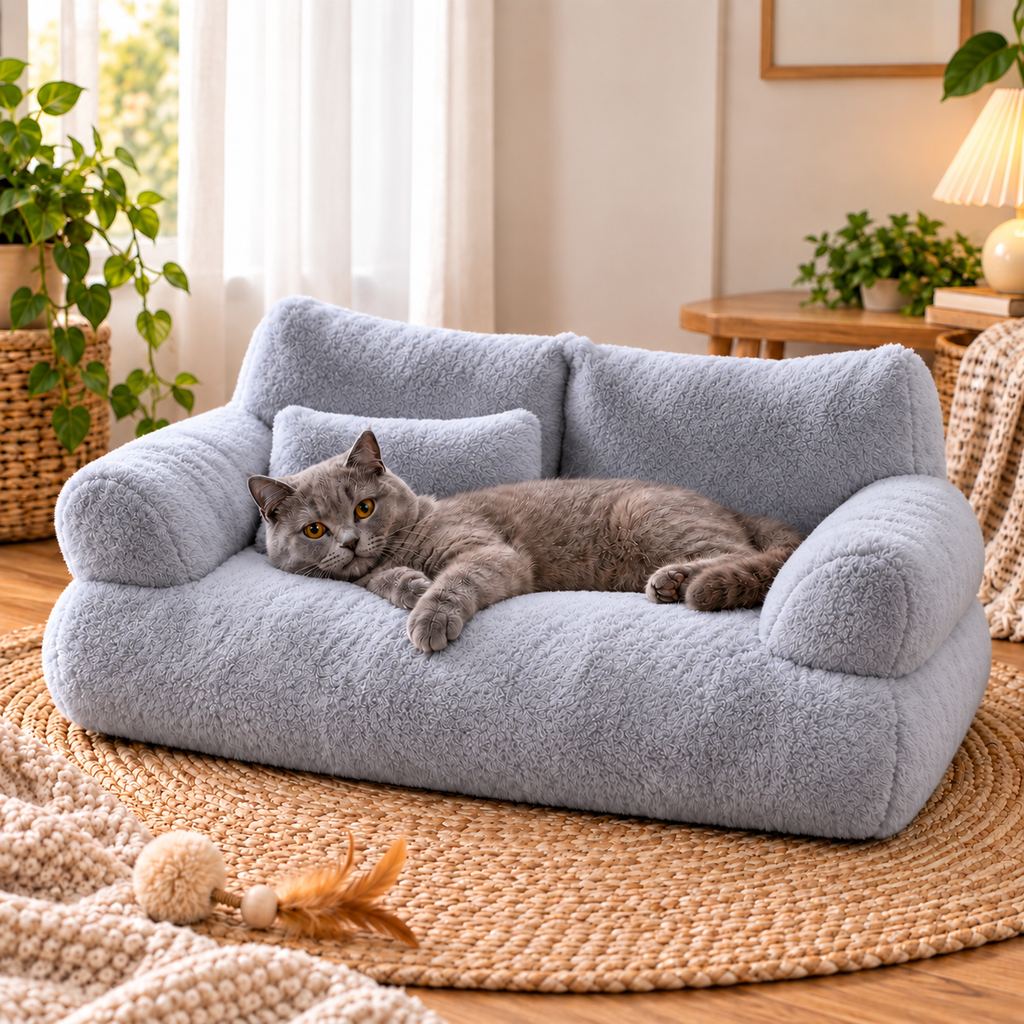 Plush pet sofa bed with removable cover and supportive bolsters, designed for small dogs and cats, providing comfort and style in any home setting. 11