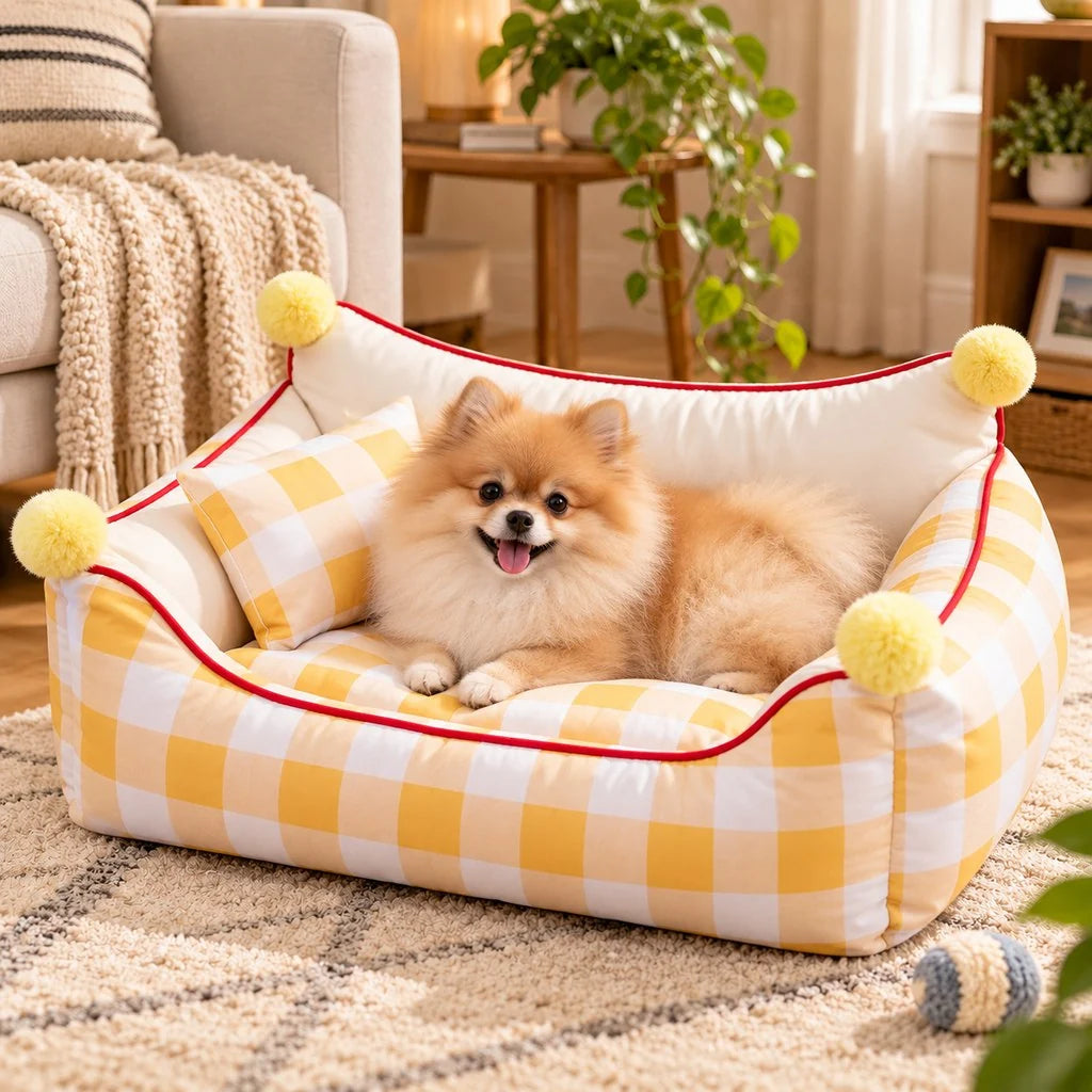 Pet sofa bed with supportive bolsters and pillow, designed for cats and small dogs, featuring a soft fabric design in purple, pink, and khaki 0