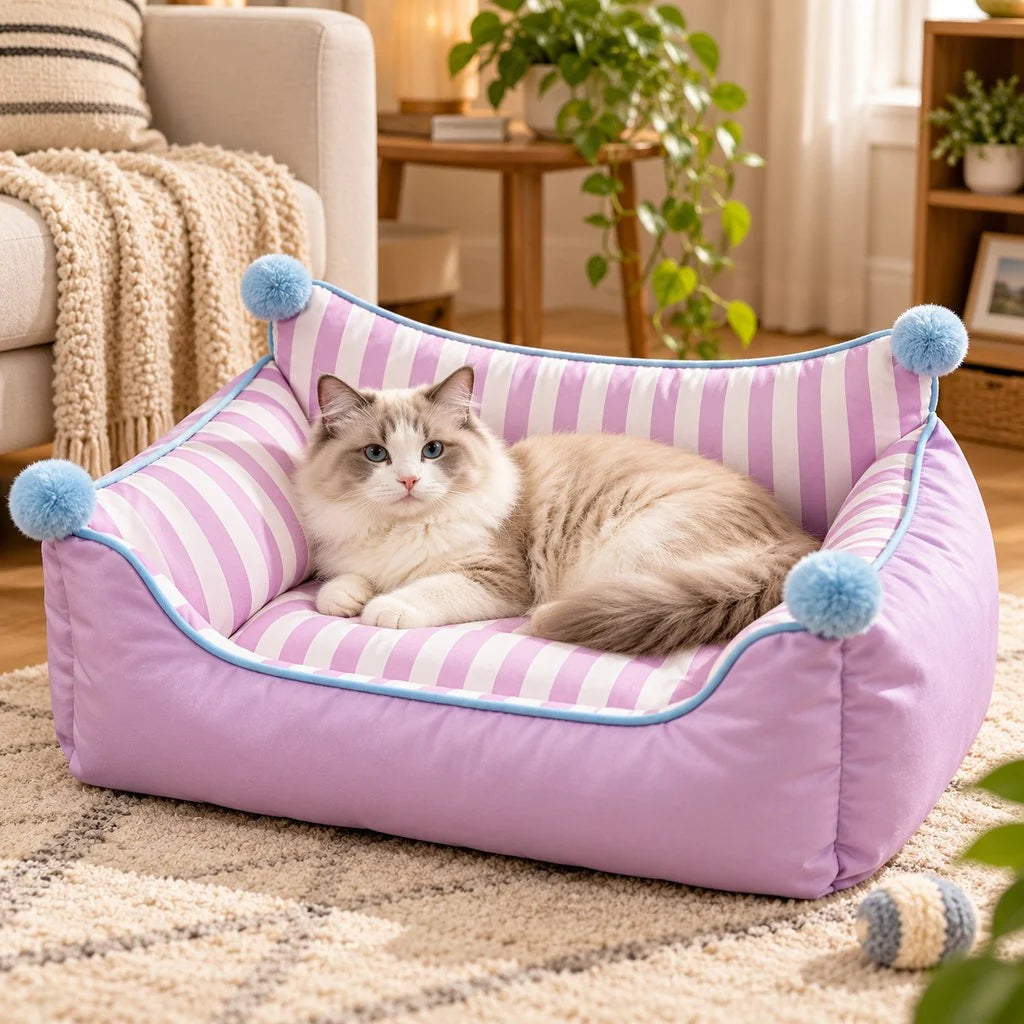 Pet sofa bed with supportive bolsters and pillow, designed for cats and small dogs, featuring a soft fabric design in purple, pink, and khaki 1