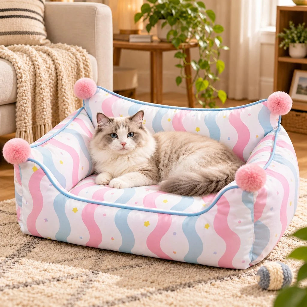Pet sofa bed with supportive bolsters and pillow, designed for cats and small dogs, featuring a soft fabric design in purple, pink, and khaki 9