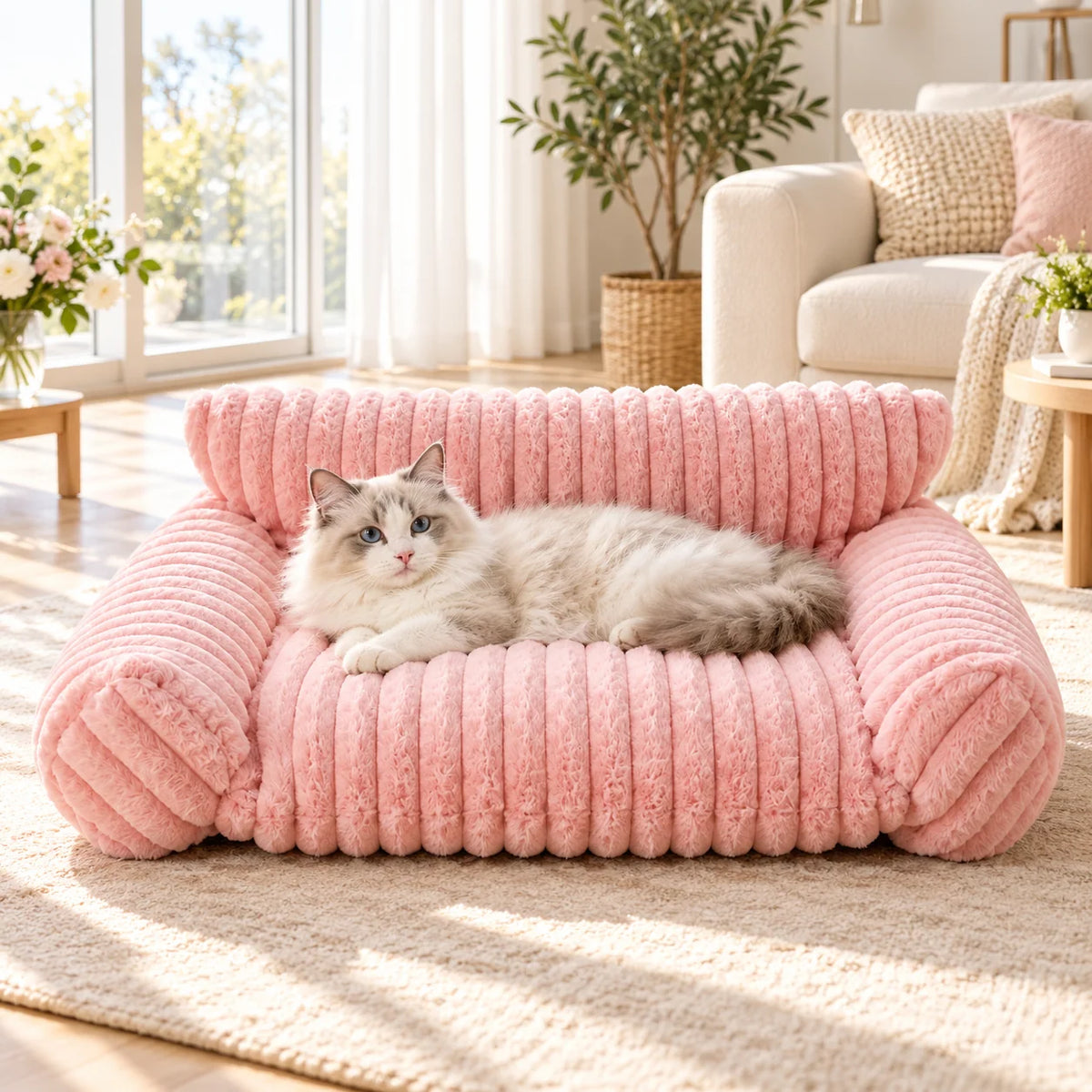 Pet sofa bed with a washable cover and soft side cushions, designed for dogs and cats, offering a plush indoor resting spot for ultimate comfort. 0