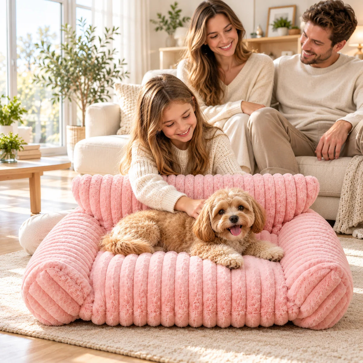 Pet sofa bed with a washable cover and soft side cushions, designed for dogs and cats, offering a plush indoor resting spot for ultimate comfort. 2