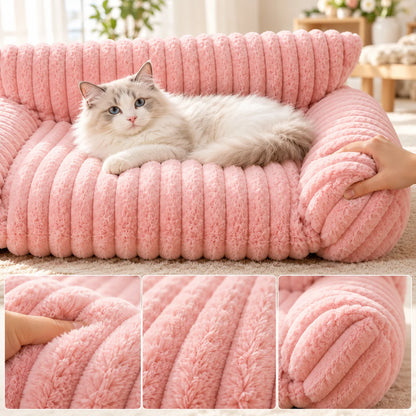 Pet sofa bed with a washable cover and soft side cushions, designed for dogs and cats, offering a plush indoor resting spot for ultimate comfort. 3