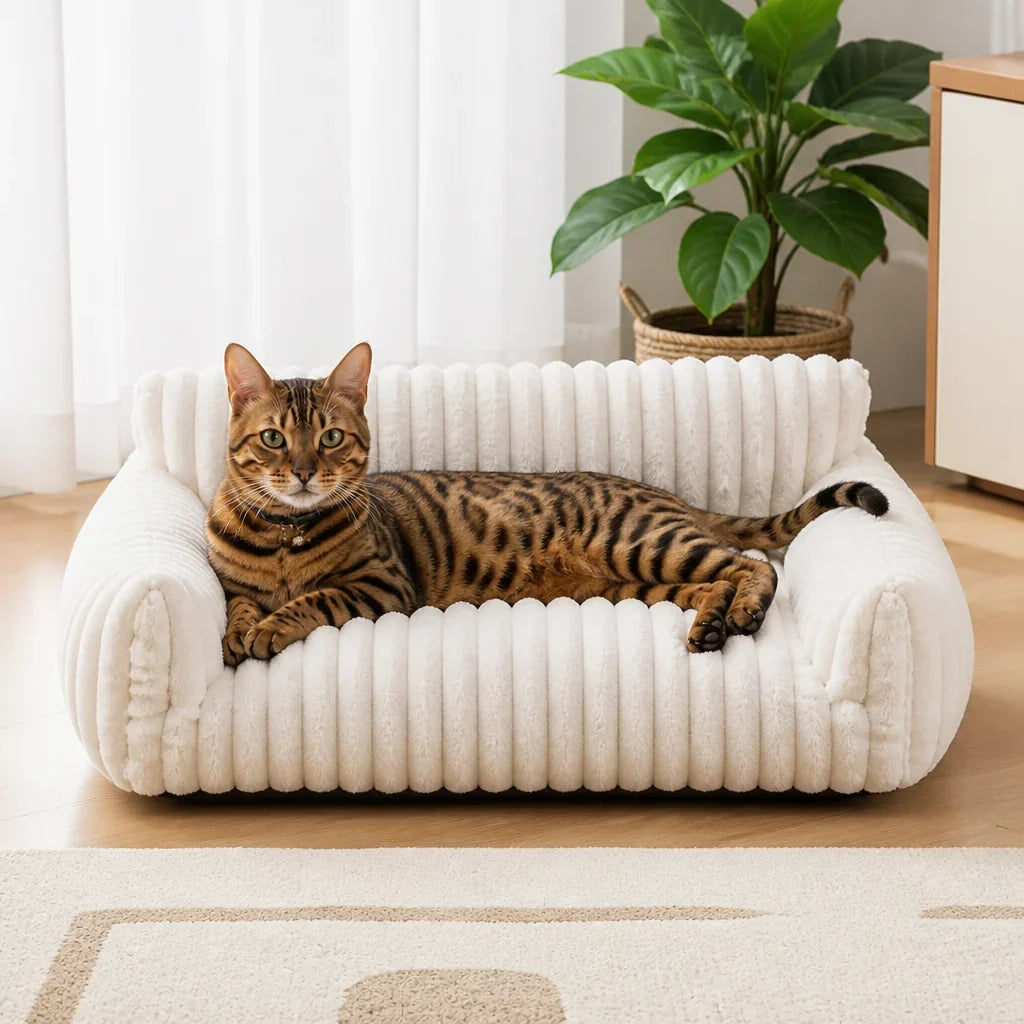 Pet sofa bed with a washable cover and soft side cushions, designed for dogs and cats, offering a plush indoor resting spot for ultimate comfort. 6