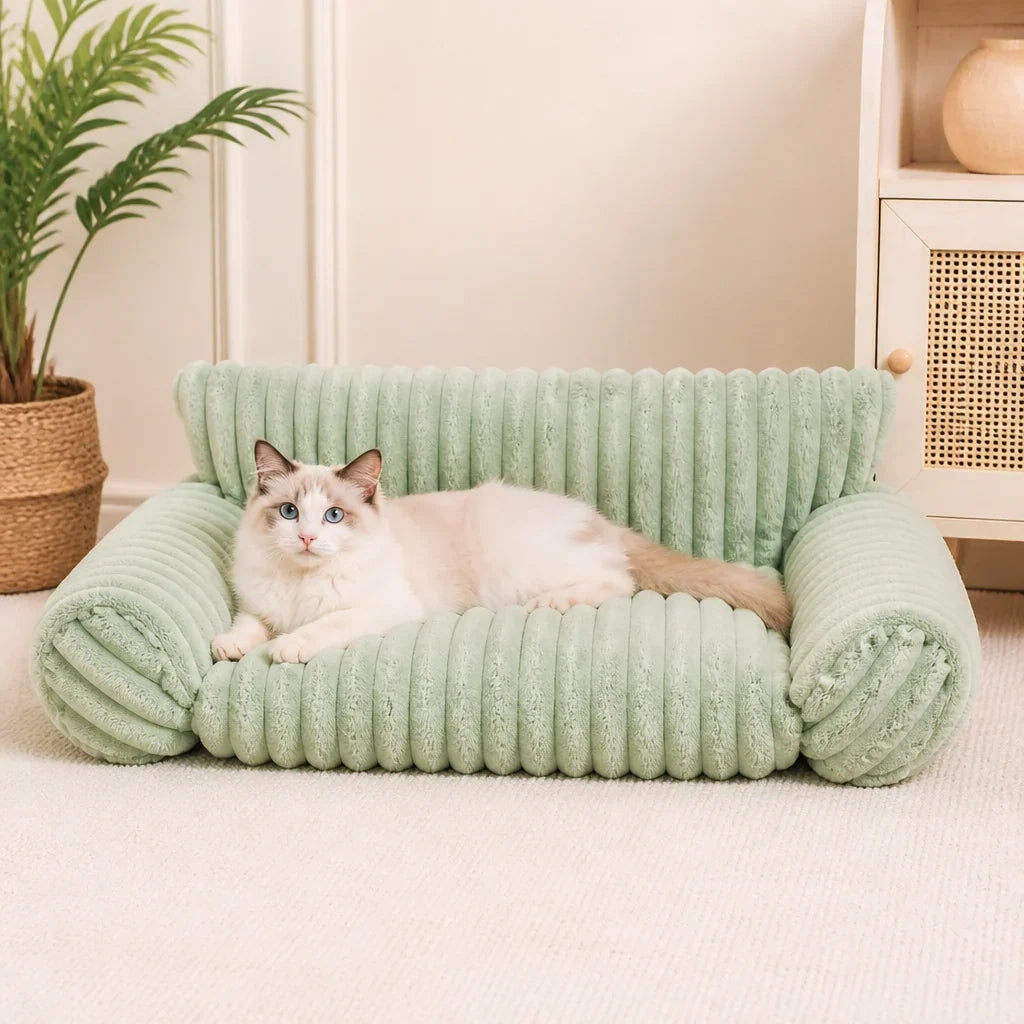 Pet sofa bed with a washable cover and soft side cushions, designed for dogs and cats, offering a plush indoor resting spot for ultimate comfort. 7