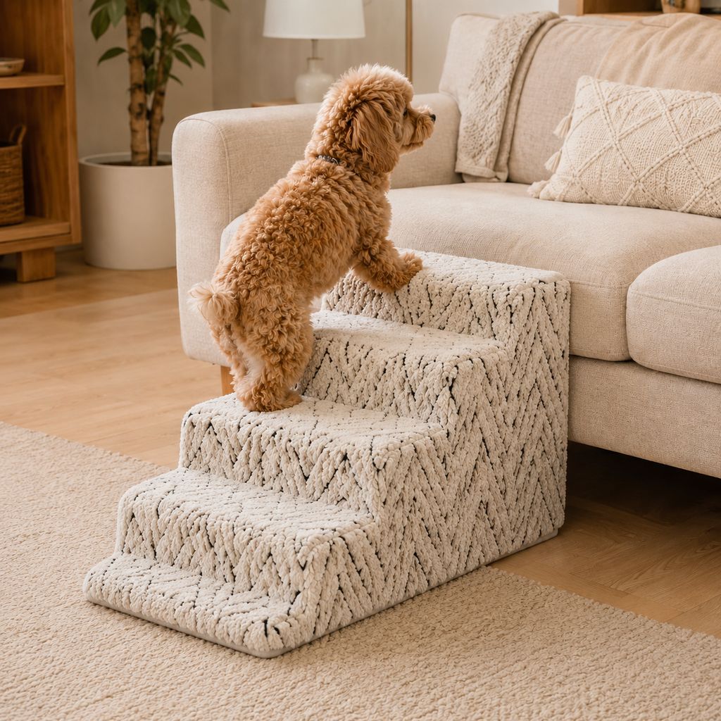 Pet stairs for bed featuring non-slip, washable steps made of high-density foam, designed for small dogs and cats to easily access high surfaces. 0