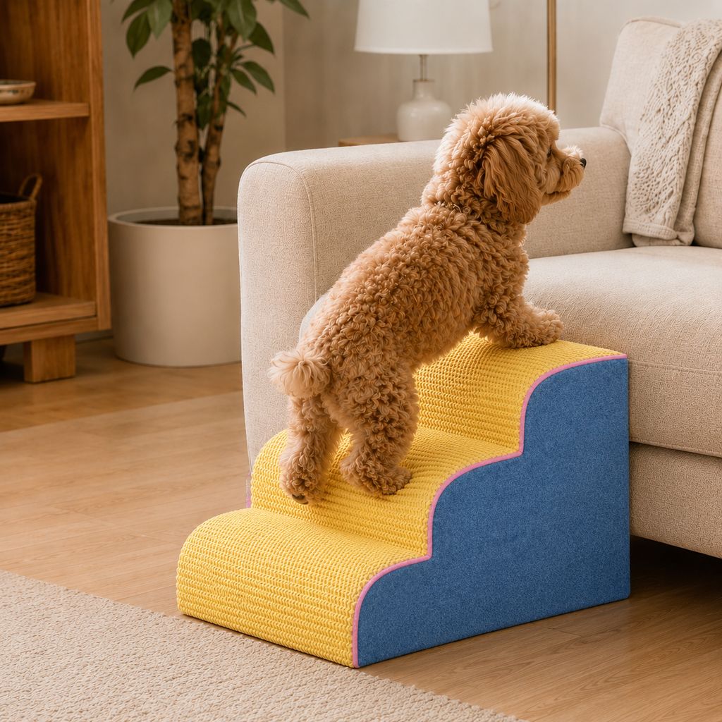 Pet stairs for bed featuring non-slip, washable steps made of high-density foam, designed for small dogs and cats to easily access high surfaces. 1