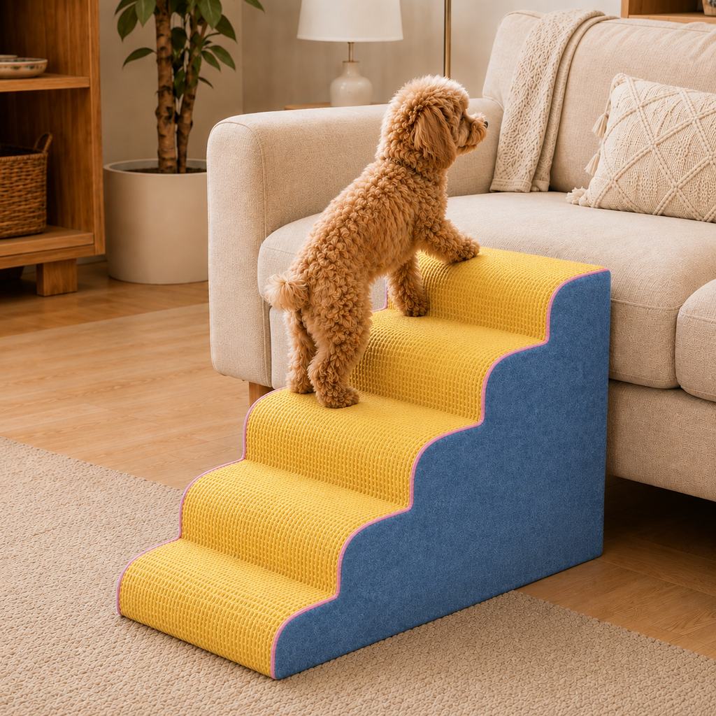 Pet stairs for bed featuring non-slip, washable steps made of high-density foam, designed for small dogs and cats to easily access high surfaces. 10