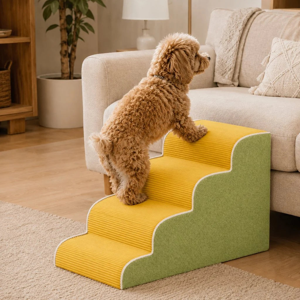 Pet stairs for bed featuring non-slip, washable steps made of high-density foam, designed for small dogs and cats to easily access high surfaces. 12