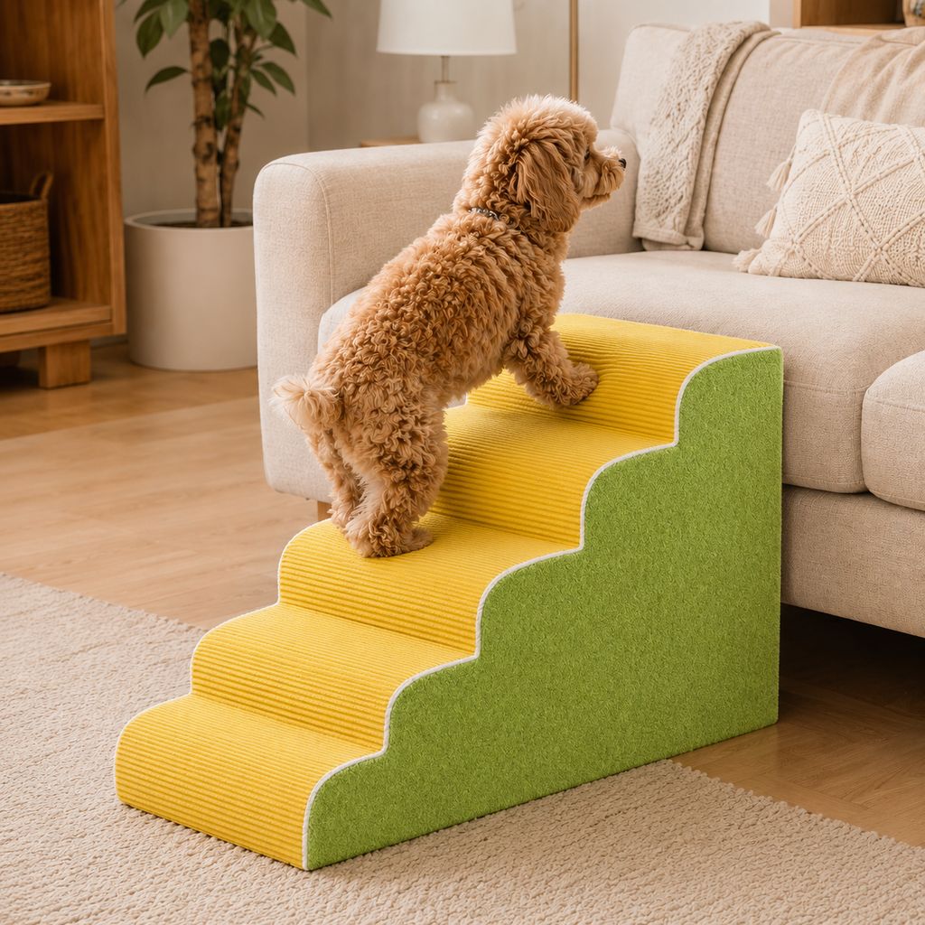 Pet stairs for bed featuring non-slip, washable steps made of high-density foam, designed for small dogs and cats to easily access high surfaces. 13
