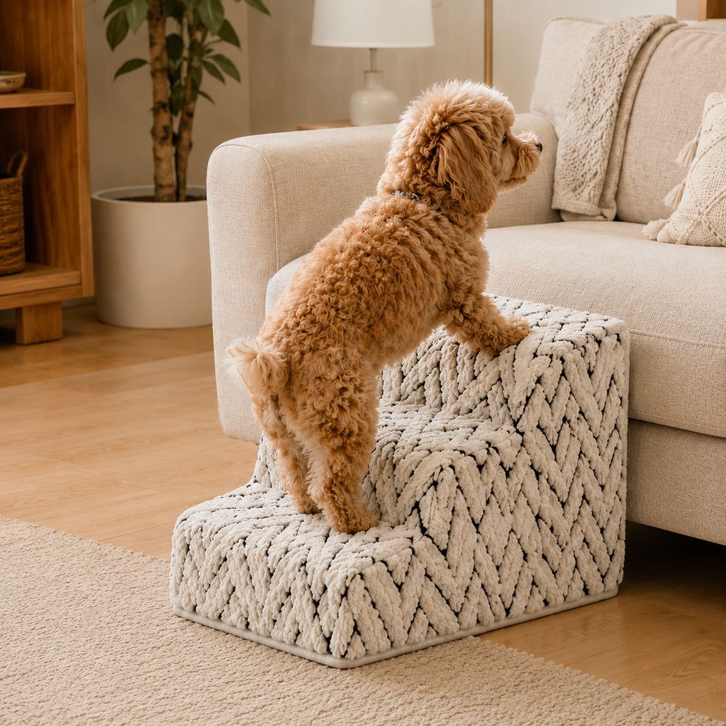 Pet stairs for bed featuring non-slip, washable steps made of high-density foam, designed for small dogs and cats to easily access high surfaces. 14