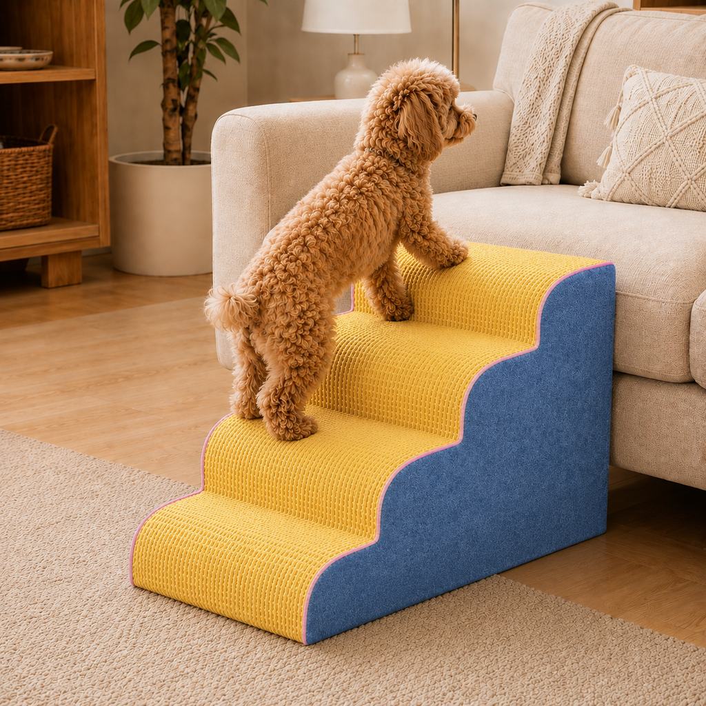 Pet stairs for bed featuring non-slip, washable steps made of high-density foam, designed for small dogs and cats to easily access high surfaces. 15