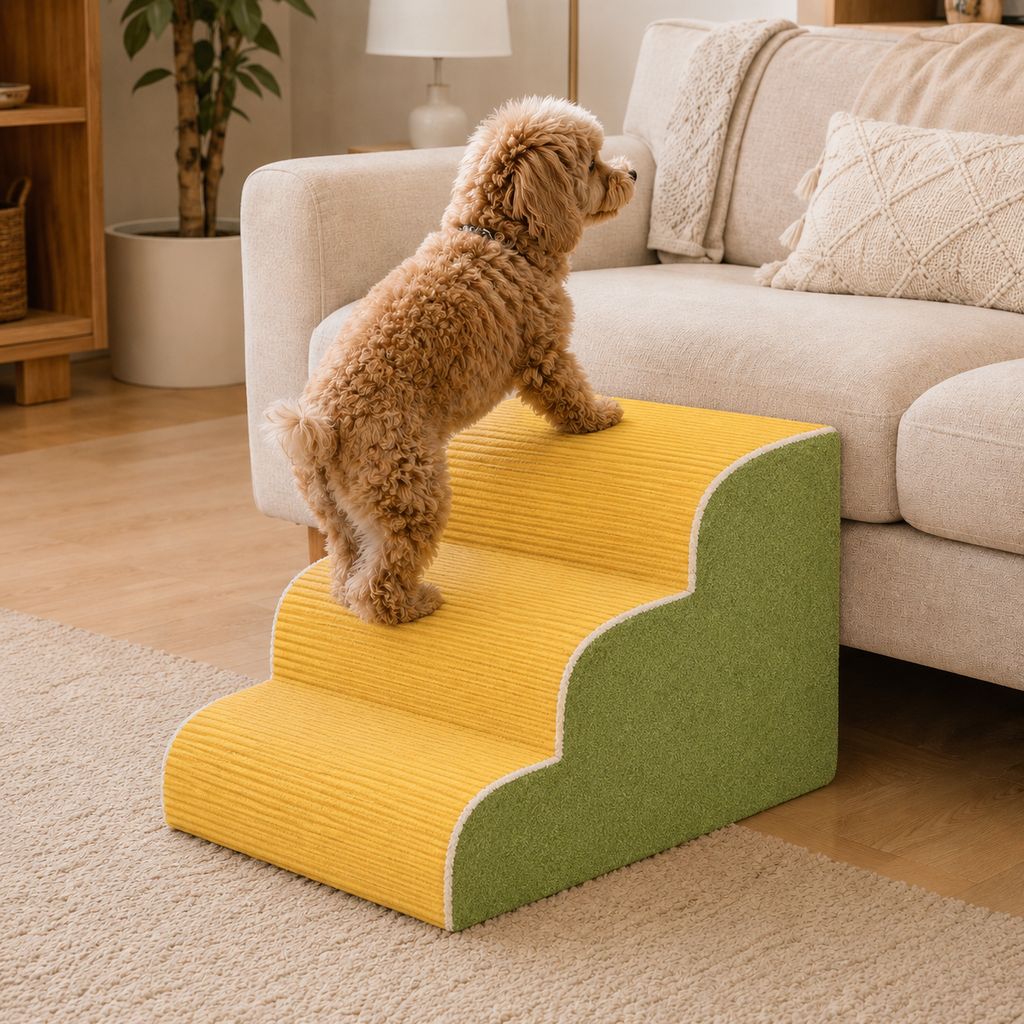 Pet stairs for bed featuring non-slip, washable steps made of high-density foam, designed for small dogs and cats to easily access high surfaces. 16