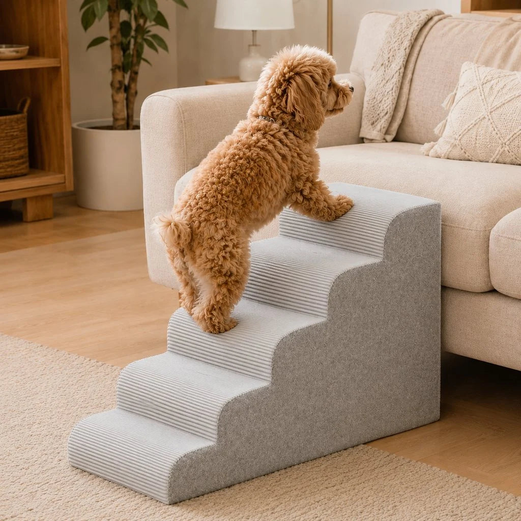 Pet stairs for bed featuring non-slip, washable steps made of high-density foam, designed for small dogs and cats to easily access high surfaces. 17