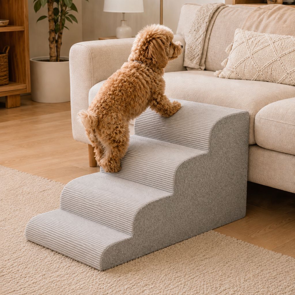 Pet stairs for bed featuring non-slip, washable steps made of high-density foam, designed for small dogs and cats to easily access high surfaces. 18