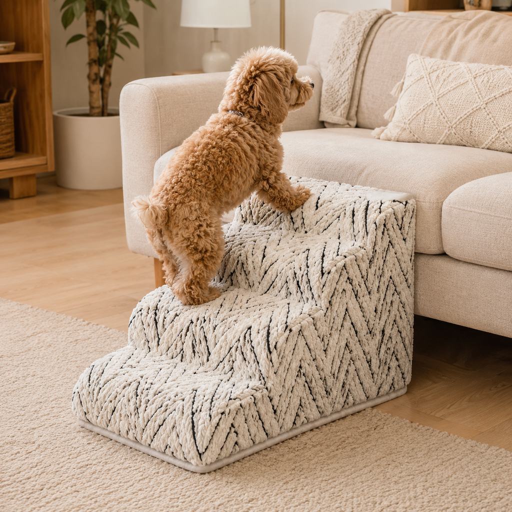 Pet stairs for bed featuring non-slip, washable steps made of high-density foam, designed for small dogs and cats to easily access high surfaces. 9