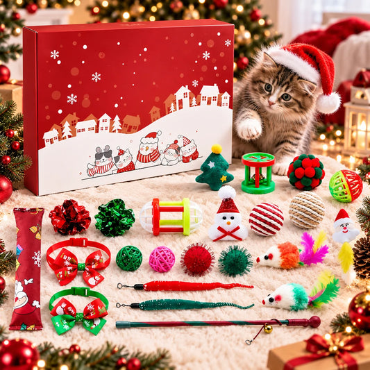 Pet Toy Advent Calendar featuring assorted toys for cats and dogs, designed for a 24-day interactive countdown to the holidays. 0