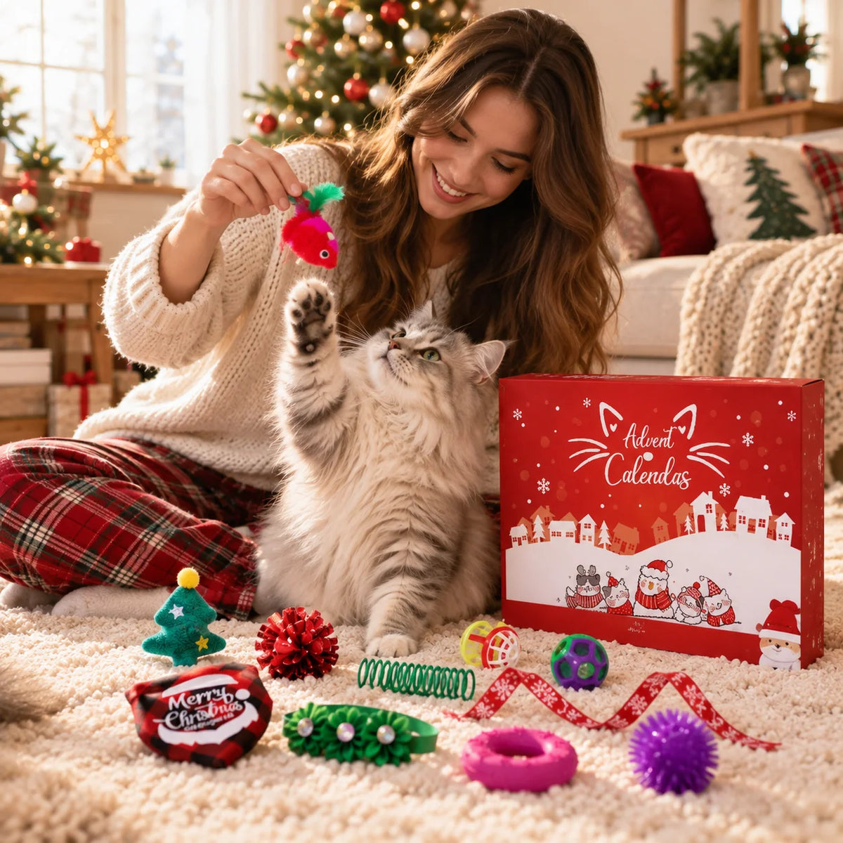 Pet Toy Advent Calendar featuring assorted toys for cats and dogs, designed for a 24-day interactive countdown to the holidays. 2