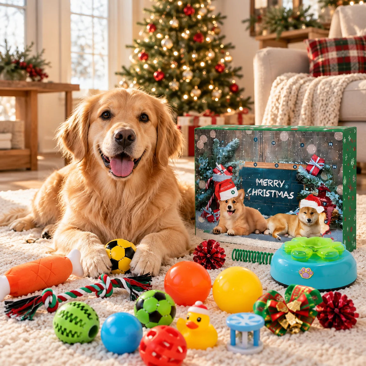 Pet Toy Advent Calendar featuring assorted toys for cats and dogs, designed for a 24-day interactive countdown to the holidays. 8