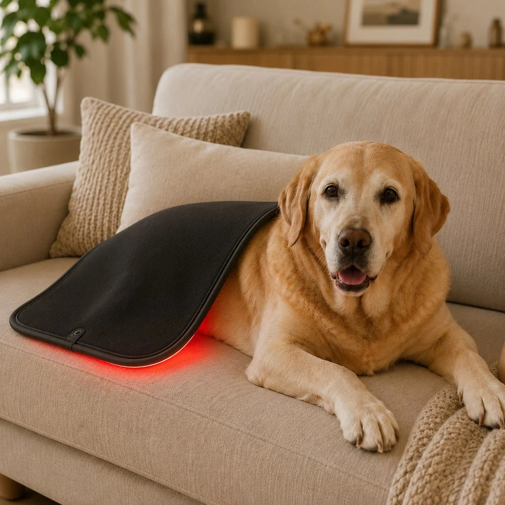 Pet Wellness Mat featuring adjustable timer and brightness settings, designed for red and near-infrared light therapy for dogs to promote relaxation and healing. 0