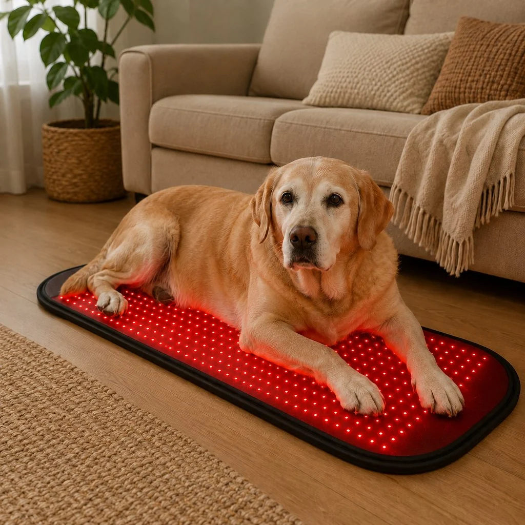 Pet Wellness Mat featuring adjustable timer and brightness settings, designed for red and near-infrared light therapy for dogs to promote relaxation and healing. 1