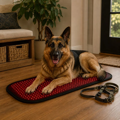 Pet Wellness Mat featuring adjustable timer and brightness settings, designed for red and near-infrared light therapy for dogs to promote relaxation and healing. 2