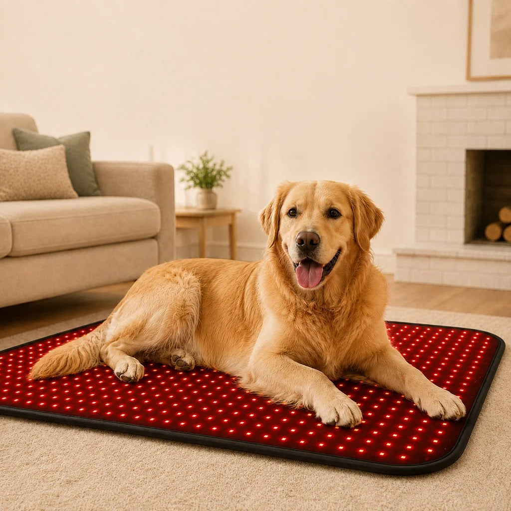 Pet Wellness Mat featuring adjustable timer and brightness settings, designed for red and near-infrared light therapy for dogs to promote relaxation and healing. 9