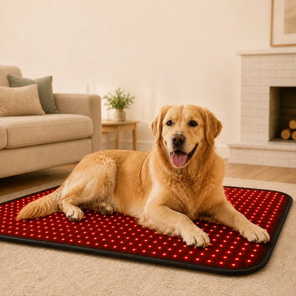 Pet Wellness Mat featuring adjustable timer and brightness settings, designed for red and near-infrared light therapy for dogs to promote relaxation and healing. 9