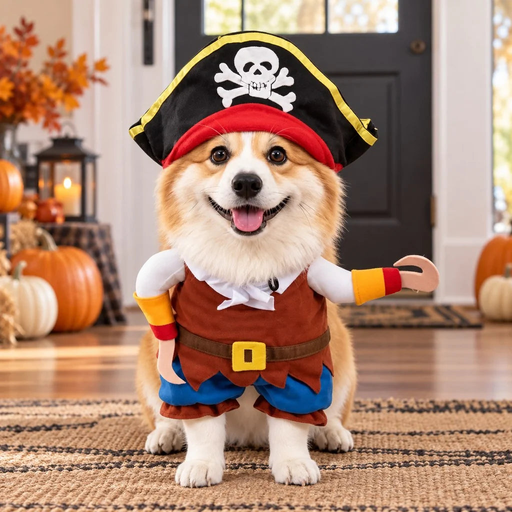 Pirate dog costume featuring 3D hook arms and a hat, designed for Halloween, made of multi-color polyester for pets. 0