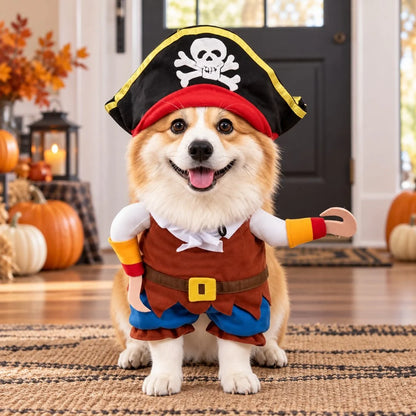 Pirate dog costume featuring 3D hook arms and a hat, designed for Halloween, made of multi-color polyester for pets. 0