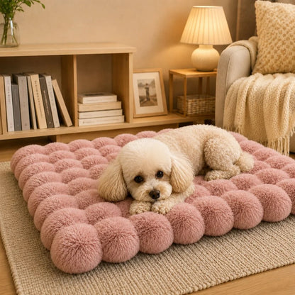 Cozy plush cat bed mat with a non-slip base, featuring a washable faux fur cushion in beige, gray, pink, and green, perfect for 0