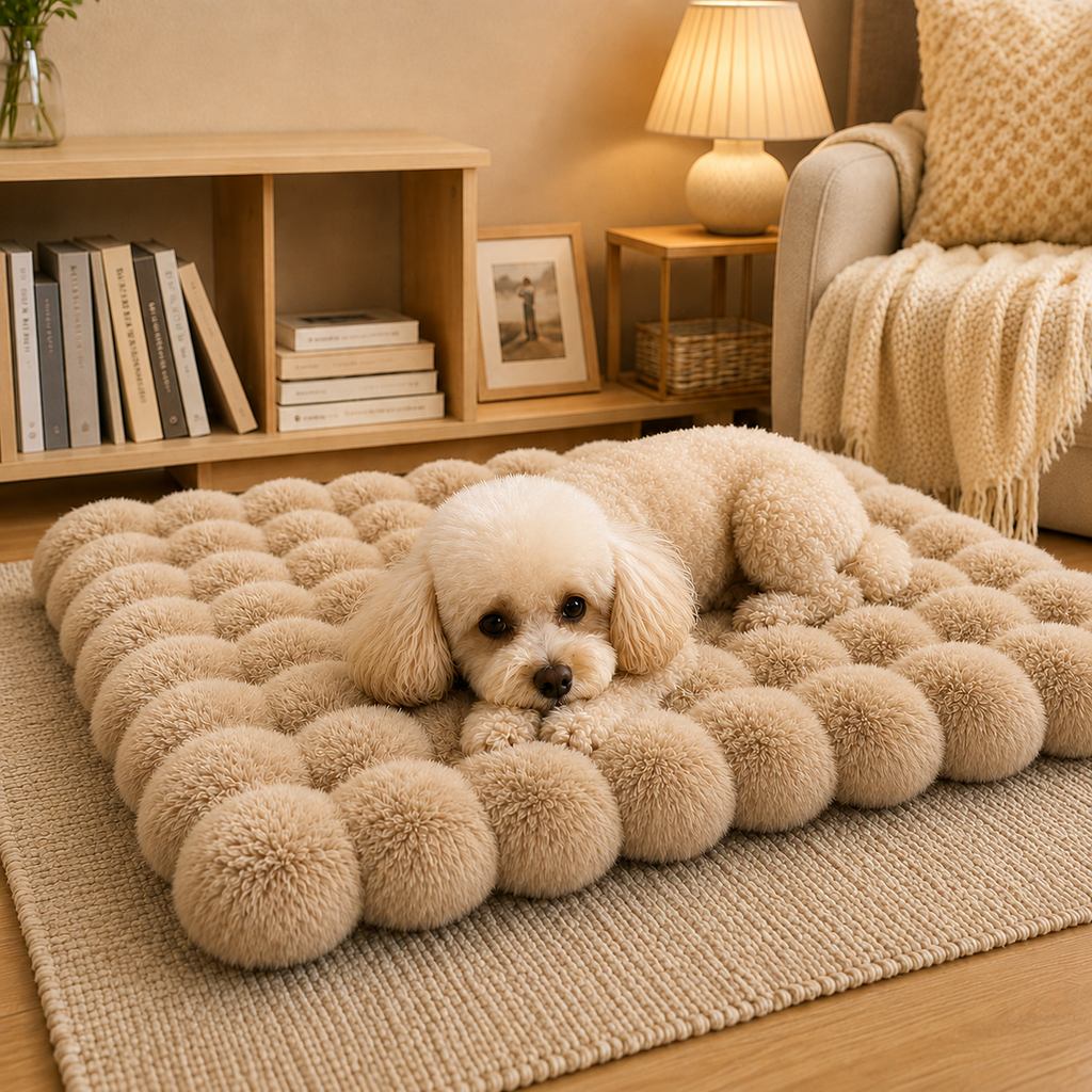 Cozy plush cat bed mat with a non-slip base, featuring a washable faux fur cushion in beige, gray, pink, and green, perfect for 1