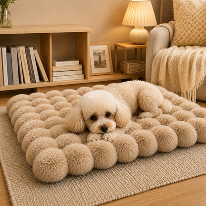Cozy plush cat bed mat with a non-slip base, featuring a washable faux fur cushion in beige, gray, pink, and green, perfect for 1
